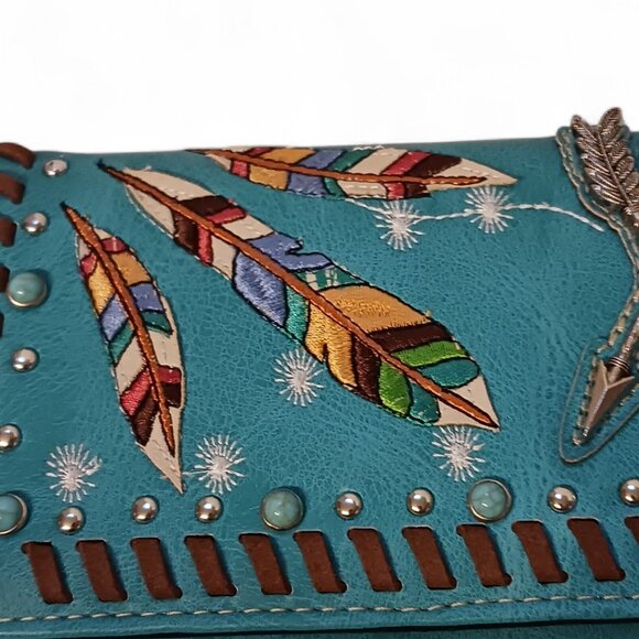 Turquoise Faux Leather Feather Arrow Convertible Wallet Clutch Crossbody - Picture 4 of 16